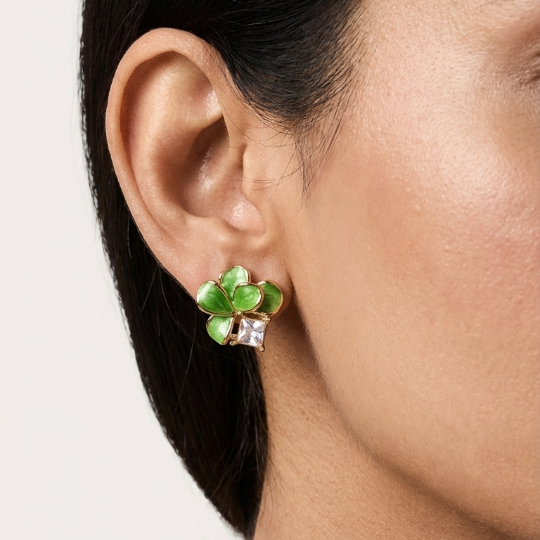 ROSIVAA Green Enamel Clover Studs