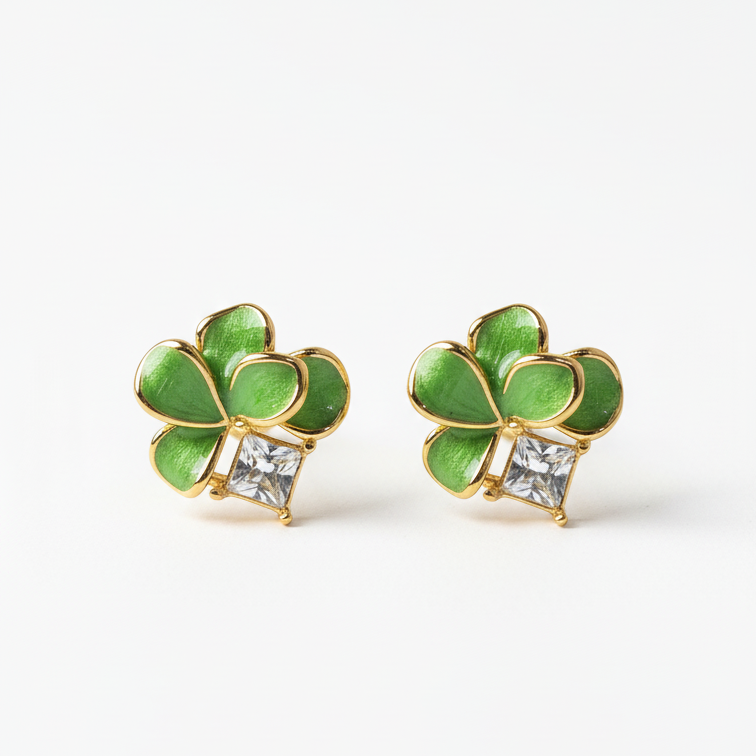 ROSIVAA Green Enamel Clover Studs