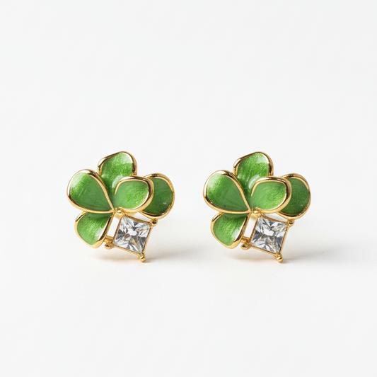 ROSIVAA Green Enamel Clover Studs