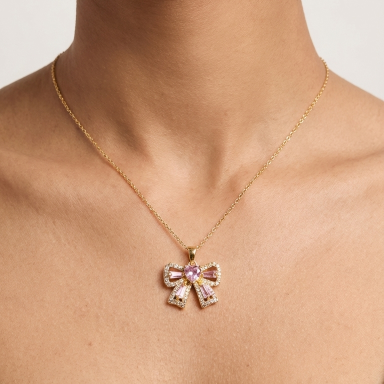 ROSIVAA Pink Ribbon Bow Necklace