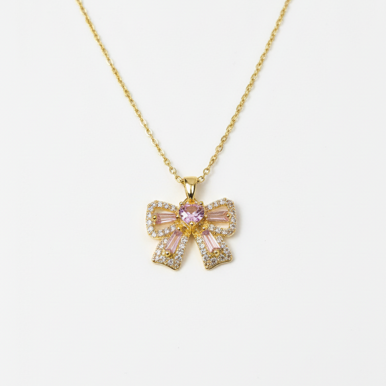 ROSIVAA Pink Ribbon Bow Necklace