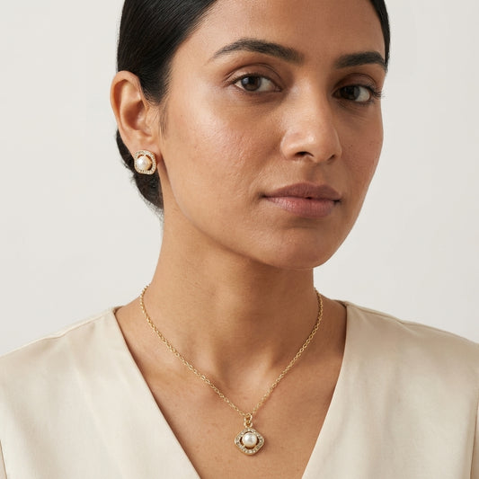 ROSIVAA Royal Halo: Pearl Pendant & Studs Set