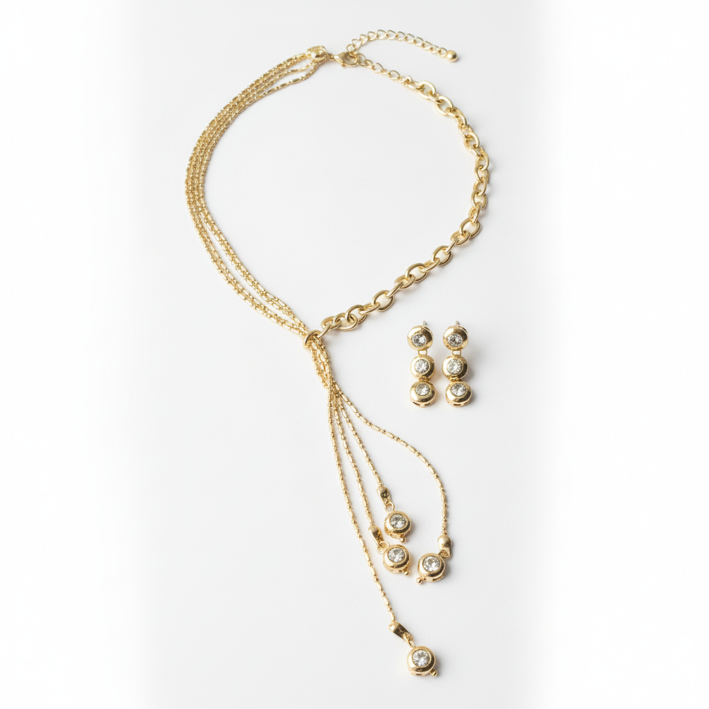 ROSIVAA Gold Tassel Necklace & Triple-Drop Earring Set
