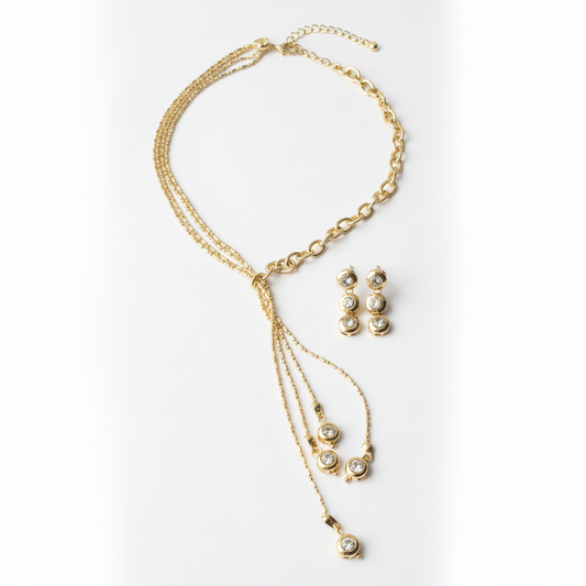 ROSIVAA Gold Tassel Necklace & Triple-Drop Earring Set