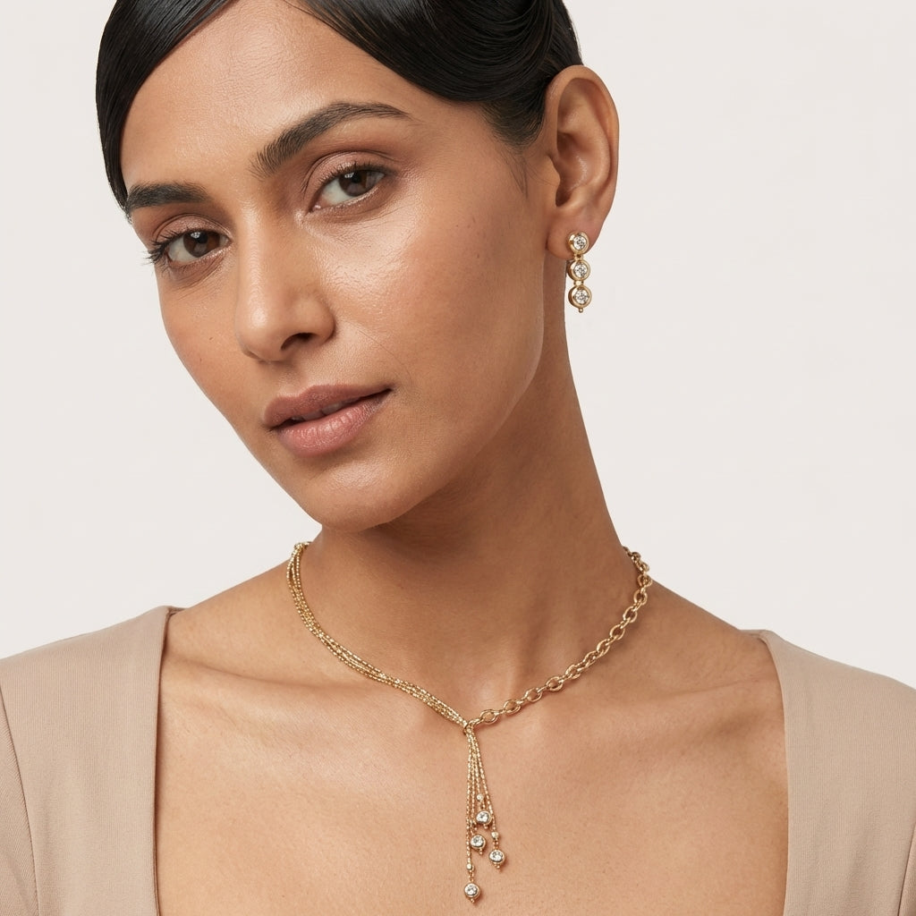 ROSIVAA Gold Tassel Necklace & Triple-Drop Earring Set