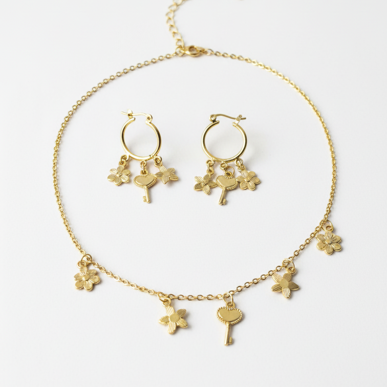 ROSIVAA Gold Flower & Key Charm Jewelry Set