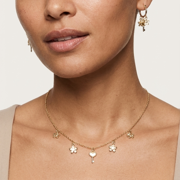 ROSIVAA Gold Flower & Key Charm Jewelry Set
