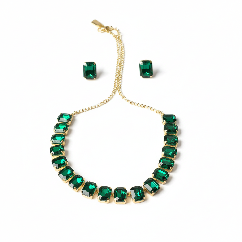 ROSIVAA Emerald Cascade: Statement Necklace & Studs