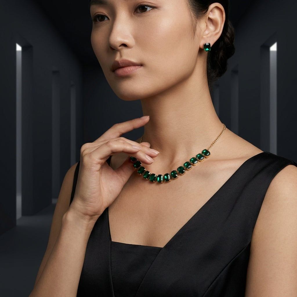 ROSIVAA Emerald Cascade: Statement Necklace & Studs