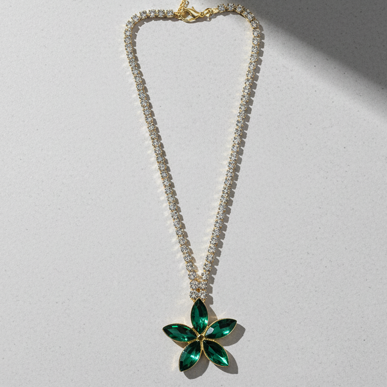 ROSIVAA Emerald Green Crystal Flower Tennis Necklace