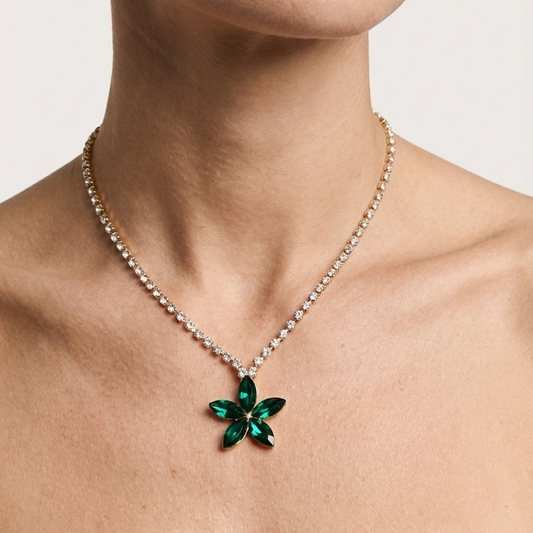 ROSIVAA Emerald Green Crystal Flower Tennis Necklace