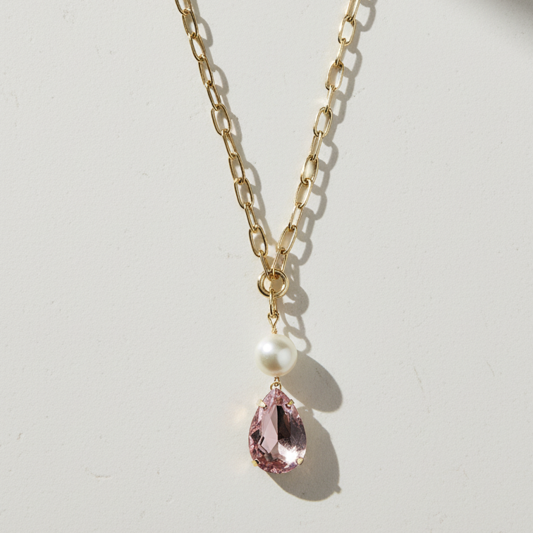 ROSIVAA Gold Pink Teardrop & Pearl Link Necklace