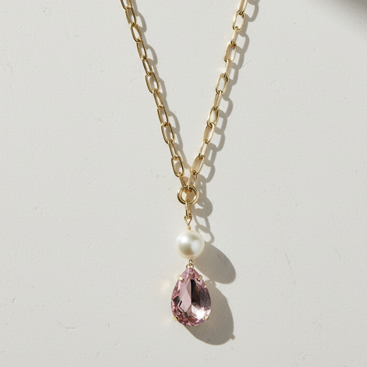 ROSIVAA Gold Pink Teardrop & Pearl Link Necklace