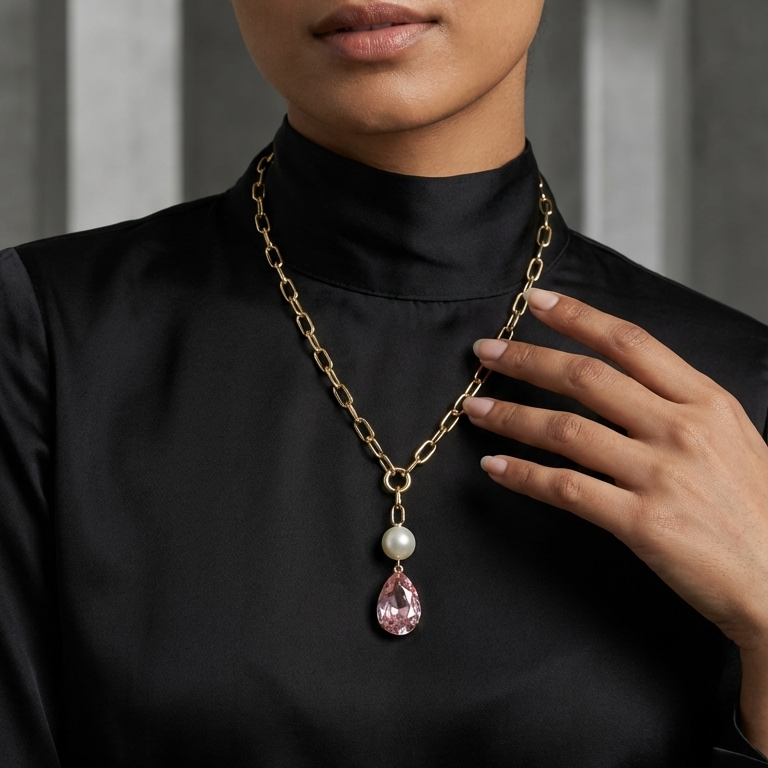 ROSIVAA Gold Pink Teardrop & Pearl Link Necklace