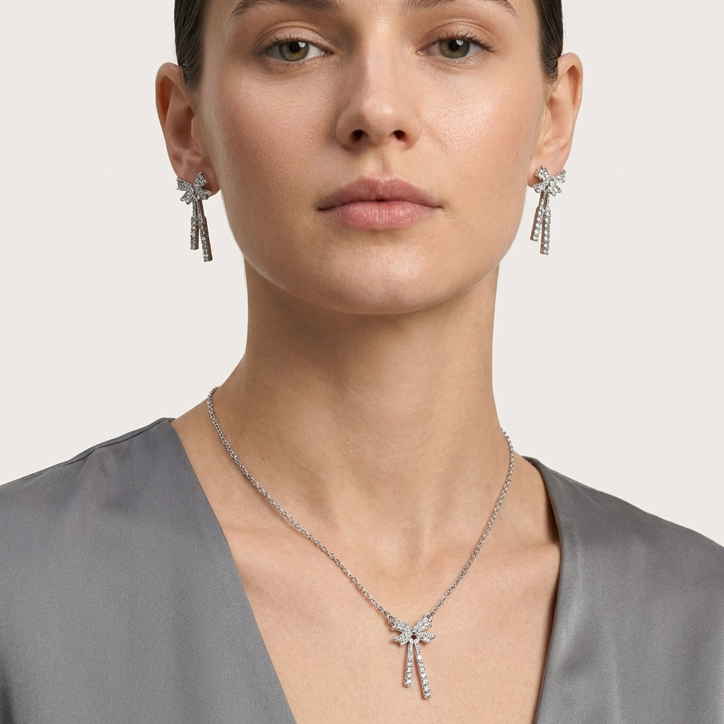 ROSIVAA Silver Crystal Bow & Ribbon Jewelry Set