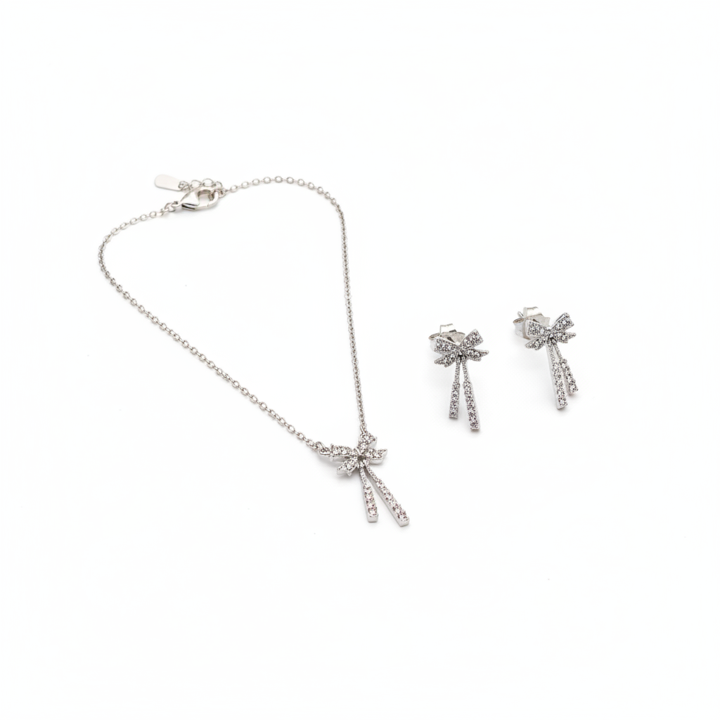ROSIVAA Silver Crystal Bow & Ribbon Jewelry Set