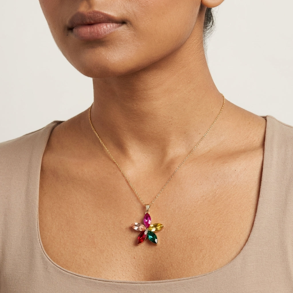 ROSIVAA Vibrant Multicolor Crystal Flower Necklace