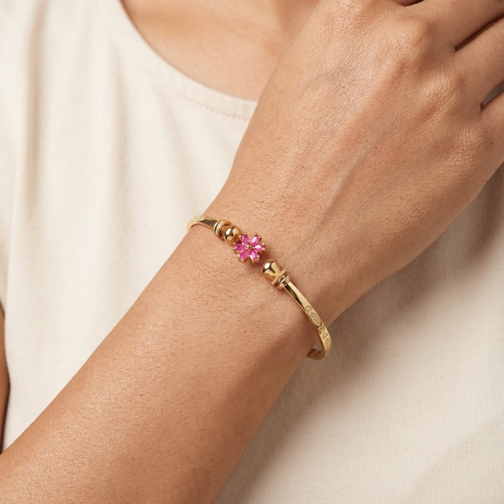ROSIVAA Gold Pink Floral Crystal Bangle