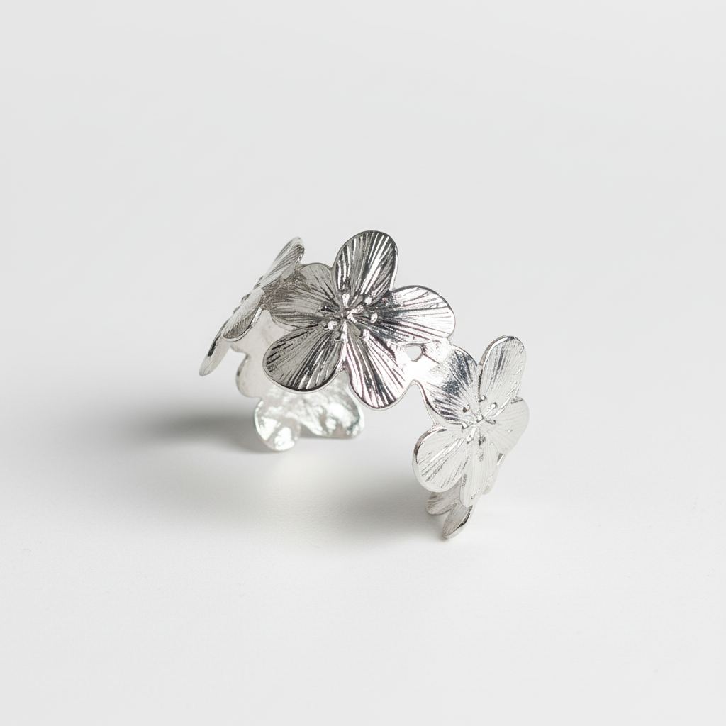 ROSIVAA Silver Textured Floral Cuff Bracelet