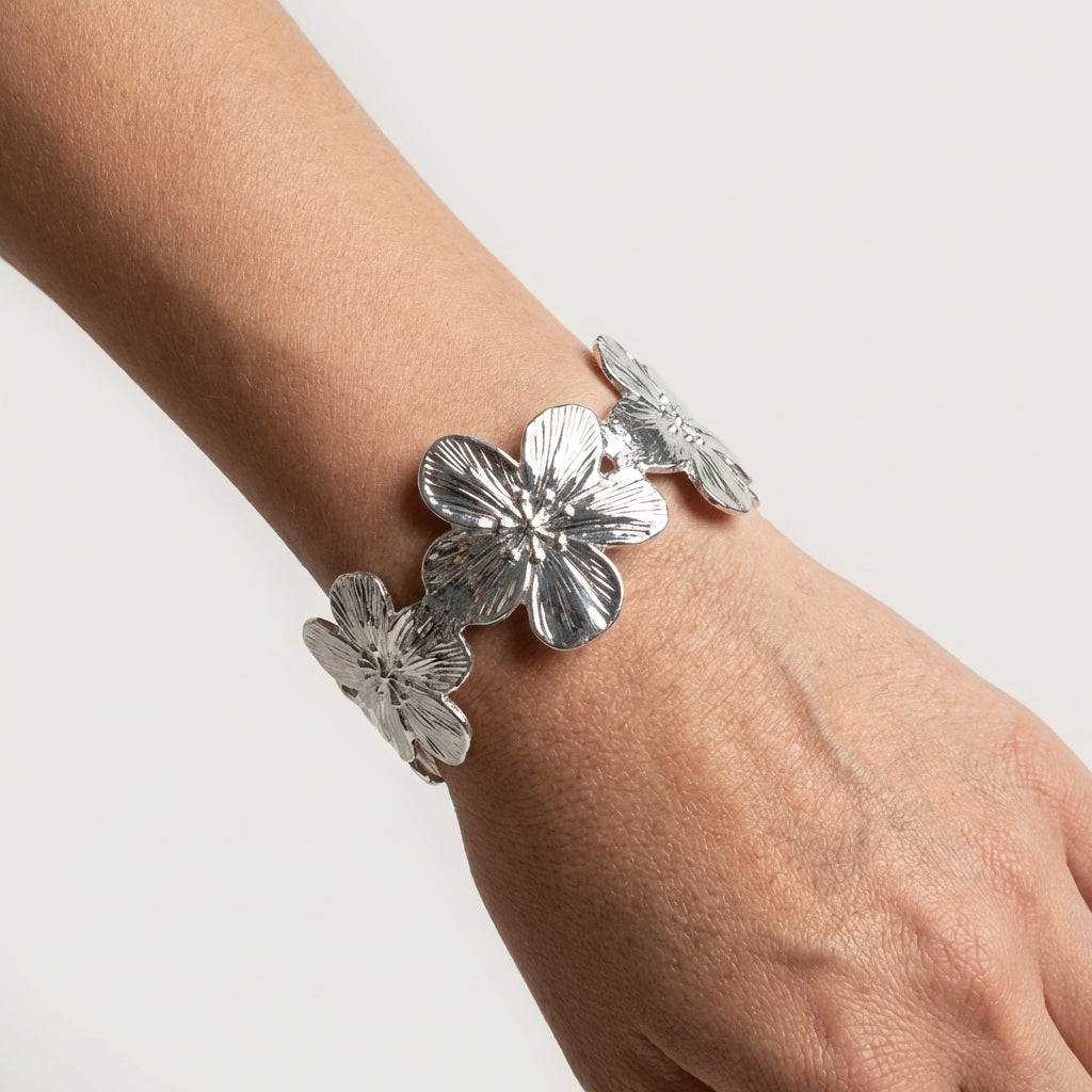ROSIVAA Silver Textured Floral Cuff Bracelet