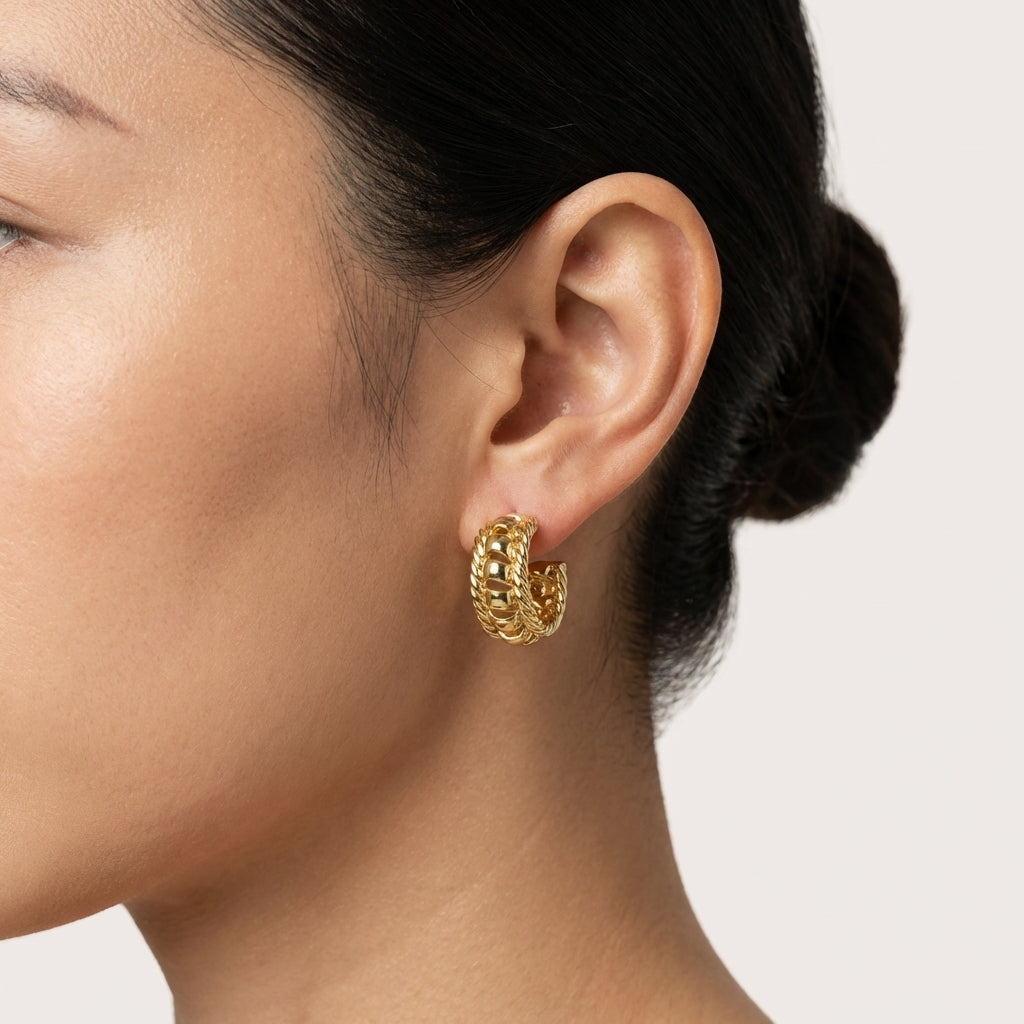 ROSIVAA Gold Textured Rope Hoop Studs