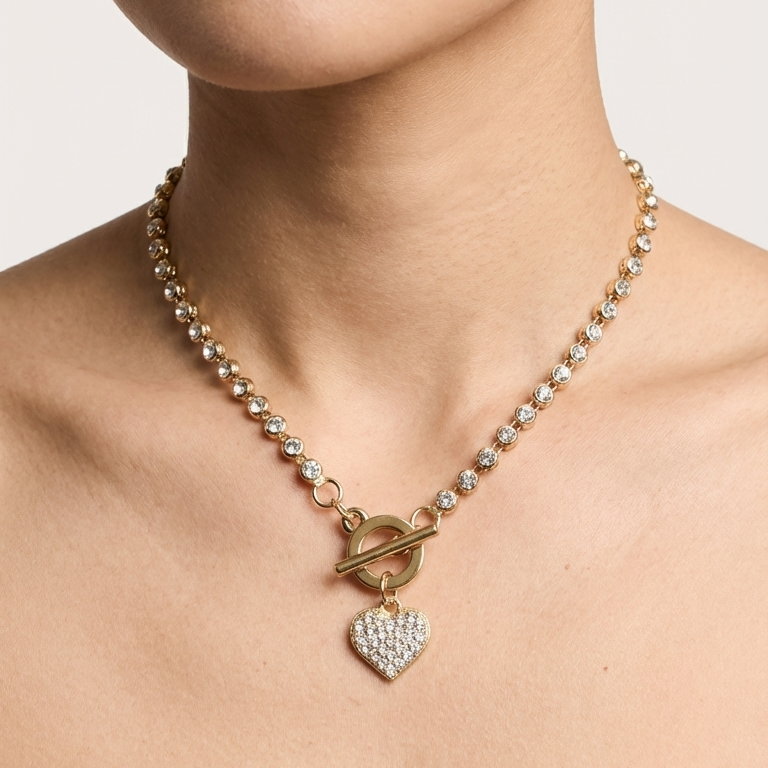 ROSIVAA Gold Crystal Heart Toggle Necklace