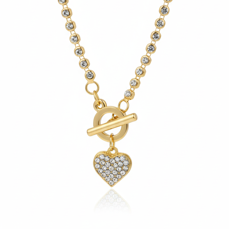 ROSIVAA Gold Crystal Heart Toggle Necklace