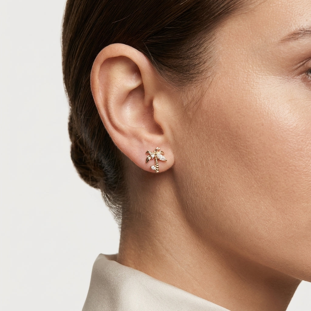 ROSIVAA Gold Palm Tree Crystal Stud Earrings