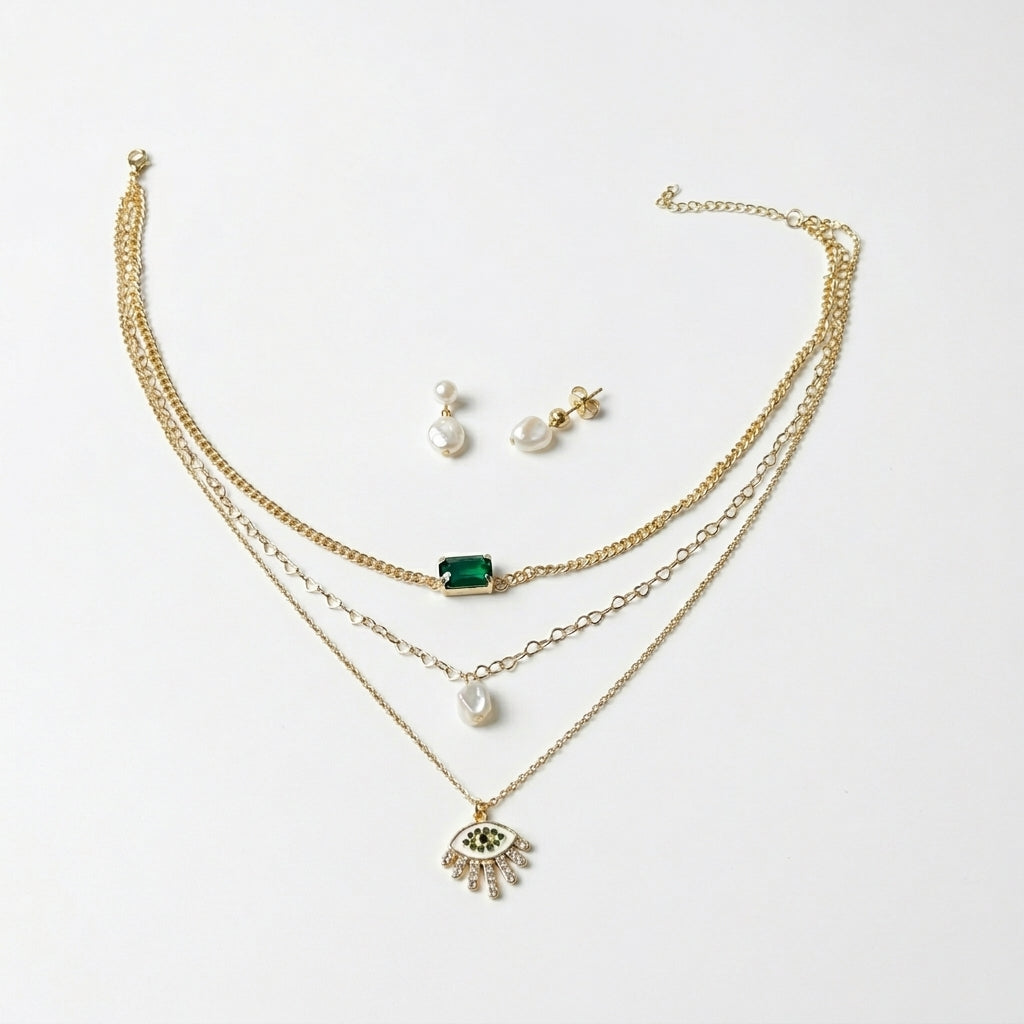 ROSIVAA Premium Emerald Pearl Layered Necklace