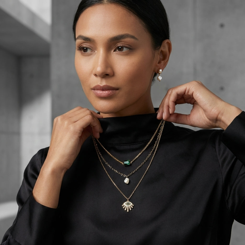 ROSIVAA Premium Emerald Pearl Layered Necklace