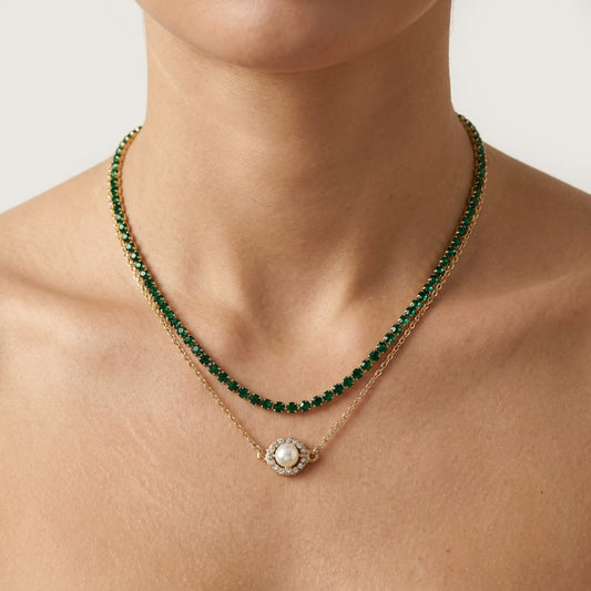 ROSIVAA Premium Emerald Tennis & Pearl Set