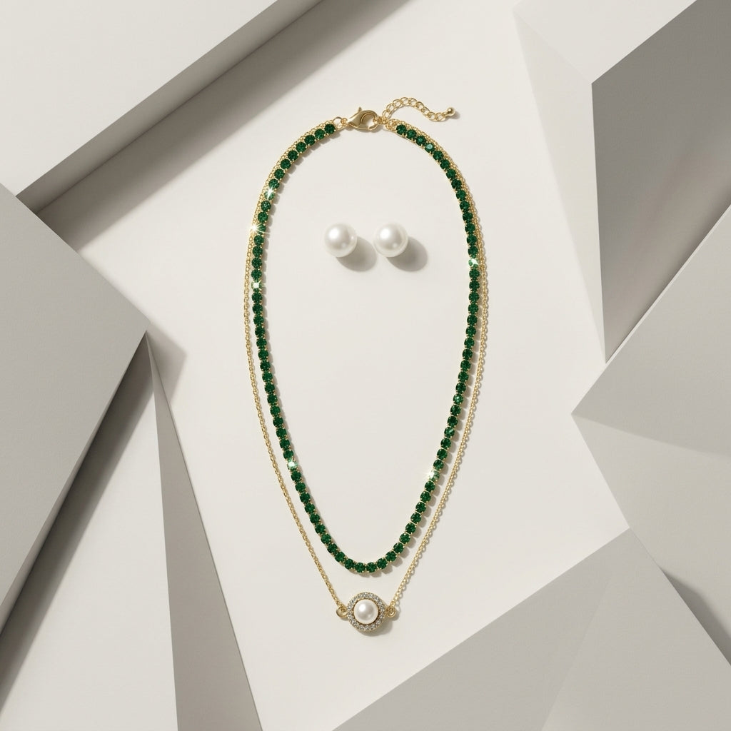 ROSIVAA Premium Emerald Tennis & Pearl Set