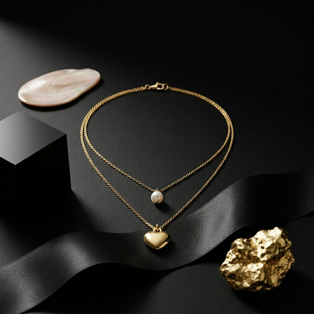 ROSIVAA Gold Layered Pearl & Heart Necklace