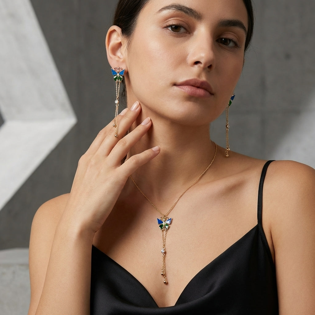 ROSIVAA Premium Blue Butterfly Necklace & Earrings