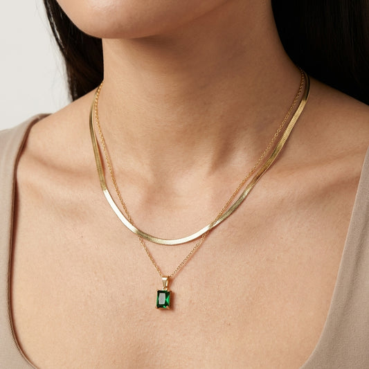 ROSIVAA Emerald Duo Layered Necklace