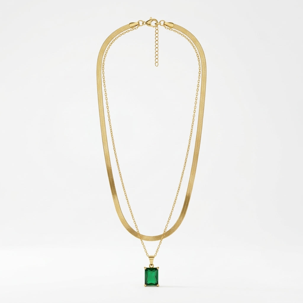 ROSIVAA Emerald Duo Layered Necklace