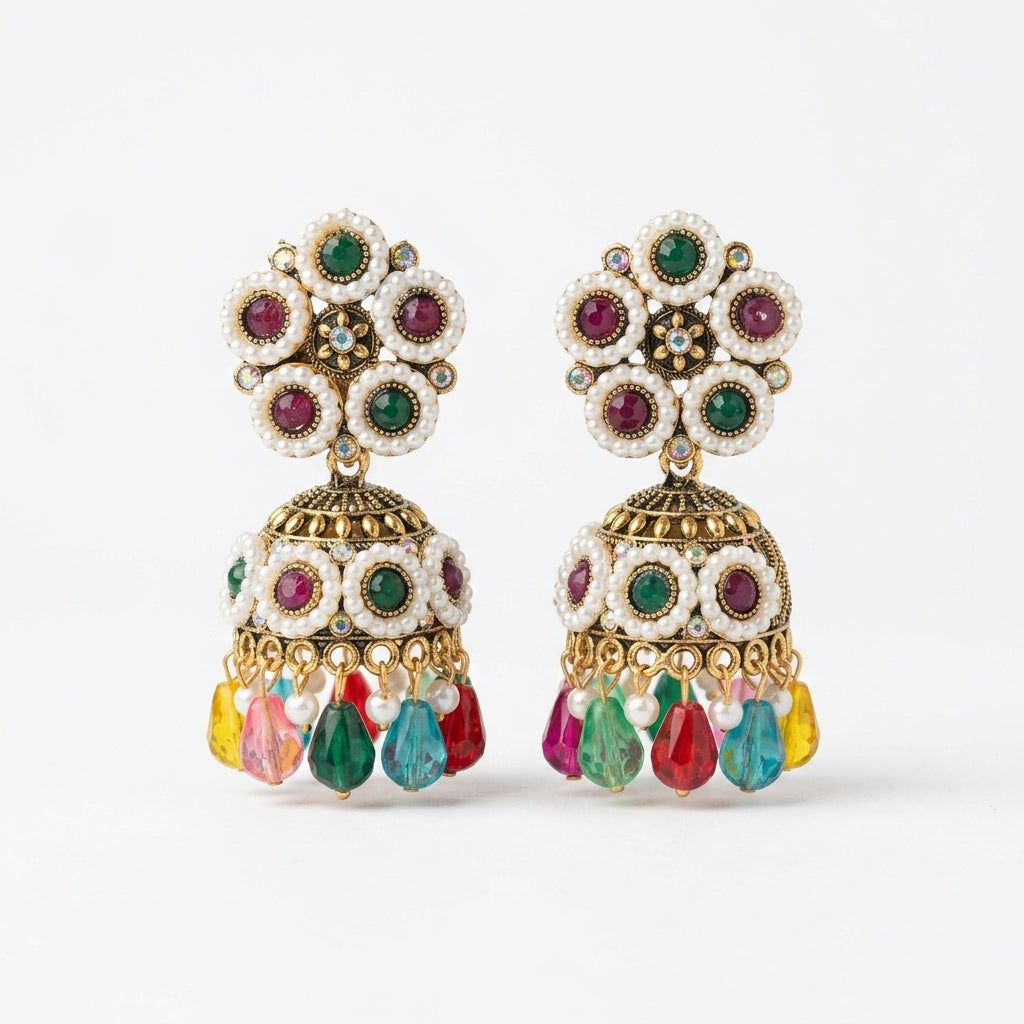 ROSIVAA Navratna Pearl Jhumkas