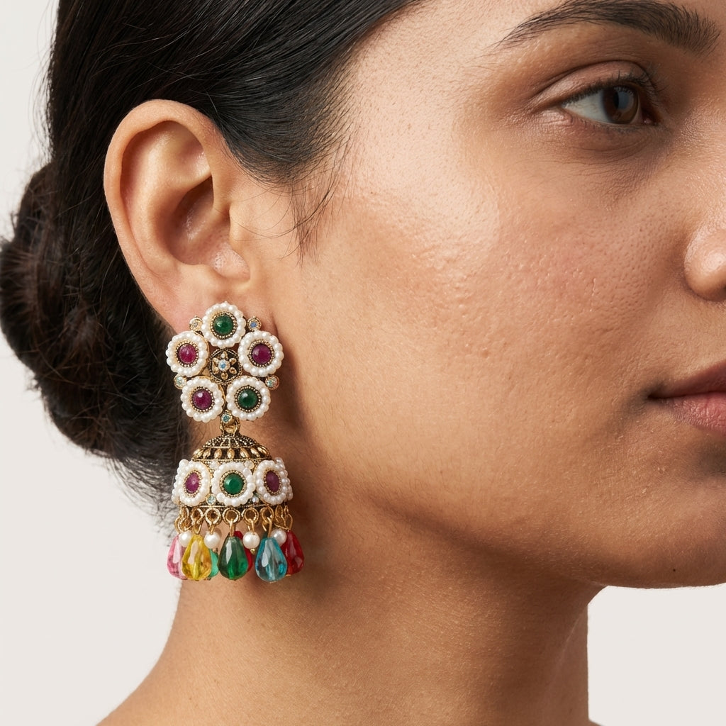 ROSIVAA Navratna Pearl Jhumkas