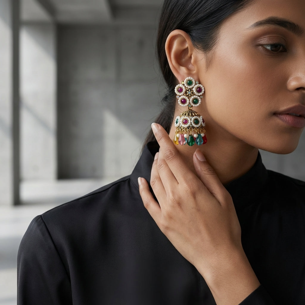ROSIVAA Navratna Pearl Jhumkas