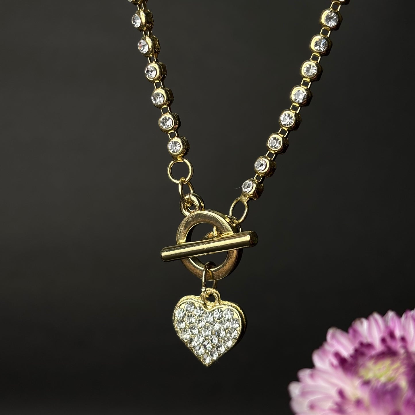 ROSIVAA Gold Crystal Heart Toggle Necklace