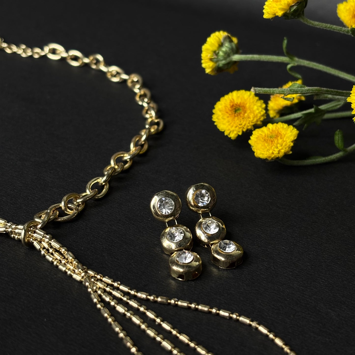 ROSIVAA Gold Tassel Necklace & Triple-Drop Earring Set